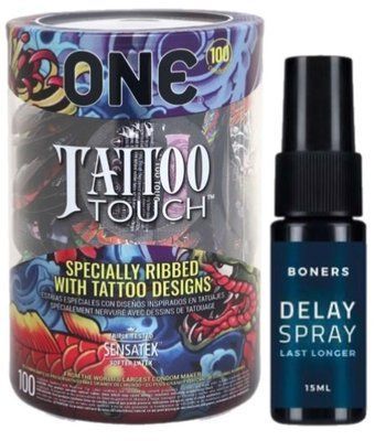 Набор из ONE Tattoo Touch, 100 шт + Пролонгатор Boners Delay Spray 15 мл SOS9154 фото