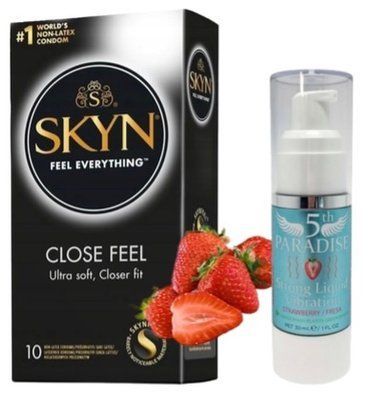 Набор из SKYN Close Feel (10 шт) + жидкий вибратор 5th Paradise Liquid Vibrator &mdash; Клубника (30 мл) SOS9764 фото