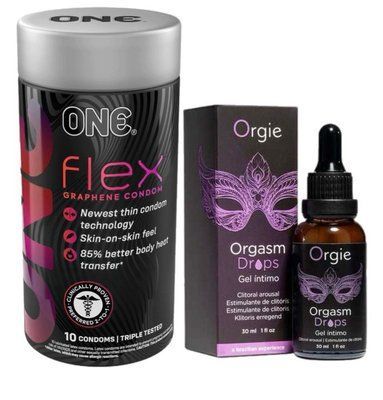 ONE Flex 10 шт.+ Збуджувальні краплі для клітора Orgie Orgasm Drops, 30 мл, ефект розігріву та охолодження SOS6432 фото