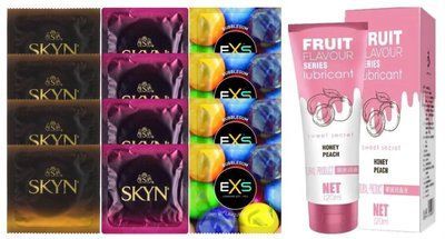 Комплект: Лубрикант OLO со вкусом персика (120 мл) + 8 шт. SKYN + 4 шт. EXS BUBBLEGUM SOS10568 фото