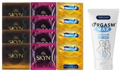 Комплект: Пролонгатор Medica-Group Orgasm Max for Men 50 мл + 8 шт SKYN + 4 шт Pasante Naturelle SOS10967 фото