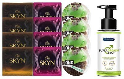 Комплект: Пролонгатор Super Orgasm Stop Гель (150 мл) + 8 шт. SKYN + 4 шт. ONE Mint Chocolate SOS10768 фото