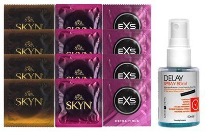 Комплект: Пролонгатор LOVELY LOVERS DELAY SPRAY 50 ML + 8 шт SKYN + 4 шт EXS Extra Thick SOS10818 фото