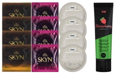 Набір: Смазка Intt Strawberry (100 мл) + 4 шт SKYN Passion Daiquiri + 4 шт SKYN CHERRY SUNRISE + 4 шт 𝐎𝐍𝐄 𝐏𝐥𝐞𝐚𝐬𝐮𝐫𝐞 𝐃𝐨𝐦𝐞 SOS10364 фото
