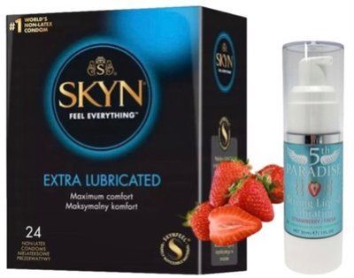 Набор из SKYN Extra Lube (24 шт) + Жидкий вибратор 5th Paradise Liquid Vibrator &mdash; Клубника (30 мл) SOS10064 фото