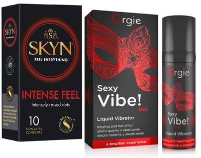 SKYN Intense Feel 10 шт та Рідкий ORGIE SEXY VIBE HOT, 15 мл + зігріваючий ефект SOS810 фото