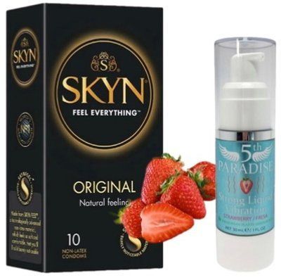 Набор из SKYN Original (10 шт) + жидкий вибратор 5th Paradise Liquid Vibrator &mdash; Клубника (30 мл) SOS9864 фото
