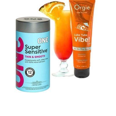 ONE Super Sensitive Pack 12 шт. + Возбуждающий съедобный лубрикант с эффектом вибрации коктейль 100 мл Orgie SOS6532 фото