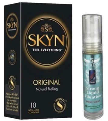 Набір з SKYN Original (10 шт) + рідки вібратор 5th Paradise Liquid Vibrator &mdash; Енергетичний напій (10 мл) SOS9865 фото