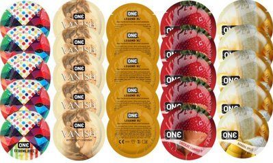 Набір з 25 шт One Extreme ribs + ONE 𝐕𝐀𝐍𝐈𝐒𝐇 + ONE Legend XL + ONE Chocolate Strawberry + ONE Banana Split SOS8254 фото