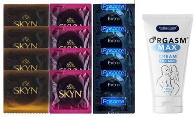 Комплект: Пролонгатор Medica-Group Orgasm Max 50 мл + 8 шт SKYN + 4 шт Pasante Extra Safe SOS10968 фото