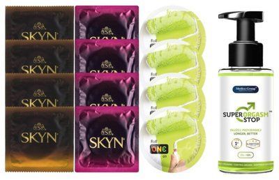 Комплект: Пролонгатор Super Orgasm Stop Гель (150 мл) + 8 шт. SKYN + 4 шт. ONE Color SOS10769 фото