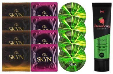 Набір: Смазка Intt Strawberry (100 мл) + 4 шт SKYN Passion дайкири + 4 шт SKYN CHERRY SUNRISE + 4 шт One Glowing Pleasures SOS10365 фото