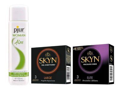 Набір: SKYN Large - 3 шт , SKYN Elite - 3 шт та Лубрикант Pjur Woman Aloe &mdash; 100 мл SOS911 фото