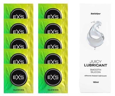 Комплект: EXS Glow in the Dark 10 шт. + Лубрикант Satisfyer Smooth Silicon 150 мл SOS11369 фото