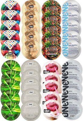 Набор с 40 шт ONE Ribs + ONE Vanish + ONE Tattoo + ONE Sensitive + ONE Glowing + ONE Dome + ONE Bubblegum + ONE Extra Strong SOS8305 фото