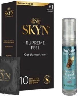 Набор из Skyn ​​Supreme Feel 10 шт + Жидкий вибратор 5th Paradise Liquid Vibrator &mdash; Кола (10 мл) SOS10266 фото