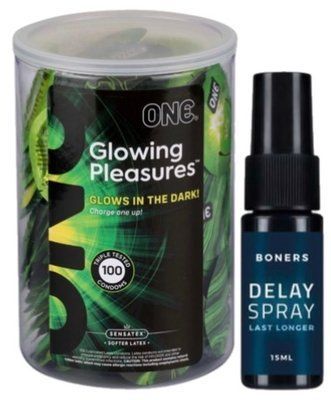 Набор из ONE Glowing Pleasures, 100 шт + Пролонгатор Boners Delay Spray 15 мл SOS9556 фото