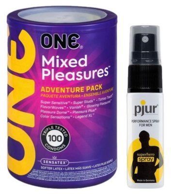 Набор из ONE Mixed Pleasures 100 шт + Пролонгатор pjur Superhero Spray 20 мл SOS9456 фото