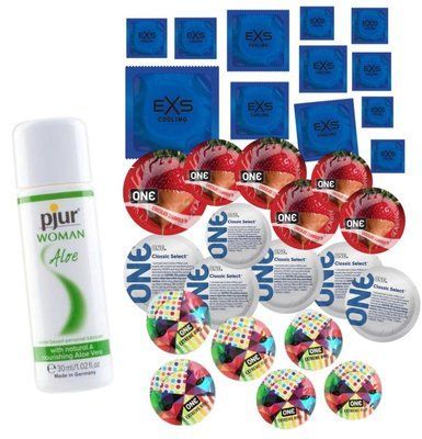 Комплект 30 шт One Extreme Ribs, Classic, Flavor Waves та EXS Cooling - Лубрикант pjur Woman Aloe (30 мл) SOS3408 фото