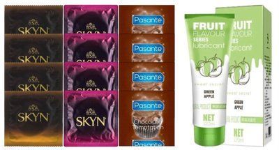 Комплект: Лубрикант OLO со вкусом яблока (120 мл) + 8 шт. SKYN + 4 шт. Pasante Chocolate SOS10720 фото