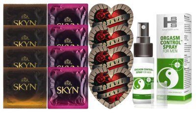 Комплект: Пролонгатор SHS Orgasm Control Spray 15 мл + 8 шт SKYN + 4 шт Pasante Heart SOS10920 фото