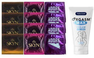 Комплект: Пролонгатор Medica-Group Orgasm Max 50 мл + 8 шт SKYN + 4 шт Pasante Adore SOS10969 фото