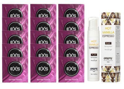 Комплект EXS Extra Thick 15 шт + EXSENS Kissable Hot Vanilla Espresso стимулюючий гель для клітора, 15 мл SOS14676 фото