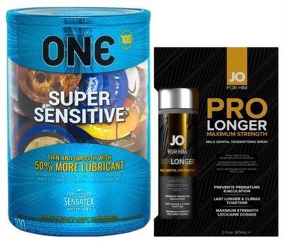 Набор из ONE Super Sensitive 100 шт + Пролонгатор JO Prolonger Spray with Lidocaine (60 мл) SOS9506 фото
