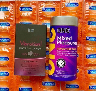 Комплект 24 шт ONE Mixed Pleasures + Pasante Warming + Рідкий вібратор Intt Vibration Cotton Candy (15 мл) SOS1557 фото