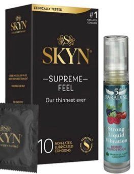 Набор из Skyn ​​Supreme Feel 10 шт. + Жидкий вибратор 5th Paradise Liquid Vibrator &mdash; Красные ягоды (10 мл) SOS10267 фото