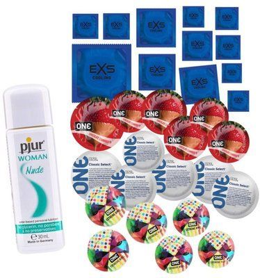Комплект 30 шт One Extreme Ribs, Classic, Flavor Waves та EXS Cooling - Лубрикант pjur Woman Nude (30 мл) SOS3409 фото