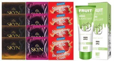 Комплект: Лубрикант OLO со вкусом яблока (120 мл) + 8 шт. SKYN + 4 шт. Pasante Strawberry SOS10721 фото