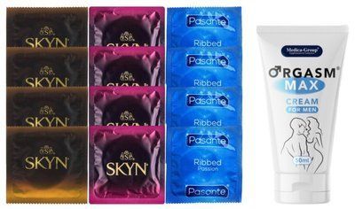 Комплект: Пролонгатор Medica-Group Orgasm Max 50 мл + 8 шт SKYN + 4 шт Pasante Ribbed SOS10970 фото