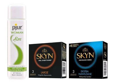 Набір: SKYN Large - 3 шт , SKYN Extra Lube - 3 шт та Лубрикант Pjur Woman Aloe &mdash; 100 мл SOS913 фото