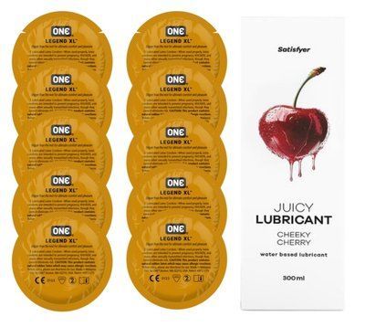 Комплект 𝐎𝐍𝐄 𝐋𝐞𝐠𝐞𝐧𝐝 𝐗𝐋 10 шт. + Лубрикант Satisfyer Juicy Lubricant Cheeky Cherry (300 мл) SOS12276 фото