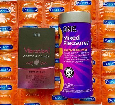 Комплект 36 шт ONE Mixed Pleasures + Pasante Warming + Жидкий вибратор Intt Vibration Cotton Candy (15 мл) SOS1558 фото