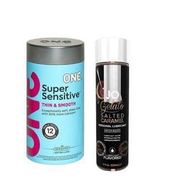 ONE Super Sensitive Pack 12 шт.+ Змазка на водній основі System JO GELATO Salted Caramel (120 мл) SOS6486 фото