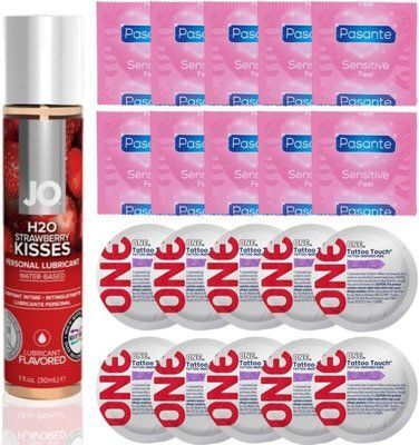 Набор 20 шт Pasante extra sensitive и ONE Tattoo Touch + System JO H2O &mdash; Strawberry Kiss (30 мл) SOS4899 фото
