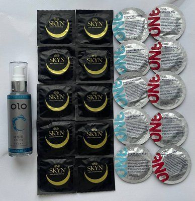 Набір 10 шт Skyn Original - 10 шт One Super Sensitive, Extreme Ribs - Лубрикант OLO охолоджуючий 60 мл SOS2510 фото