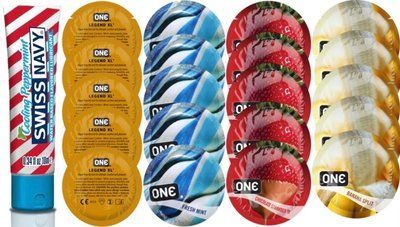 Набор из SwissNavy CoolingPeppermint 10мл + ONE Legend XL + ONE Mint + ONEChocolateStrawberry + ONEBanana SOS8658 фото