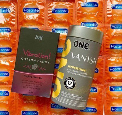 Комплект 24 шт ONE ONE Vanish + Pasante Warming + Жидкий вибратор Intt Vibration Cotton Candy (15 мл) SOS1559 фото