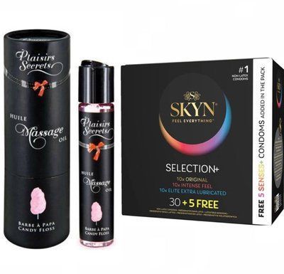 Набір : Масажна олія Plaisir Secret Candy Floss 59 мл та SKYN Selection 30 + 5 of 5 Senses 35 шт SOS664 фото