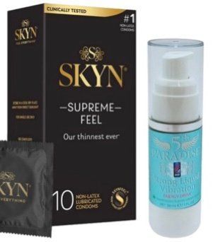Набор Skyn ​​Supreme Feel 10 шт + Жидкий вибратор 5th Paradise Liquid Vibrator &mdash; Энергетический напиток (30 мл) SOS10269 фото