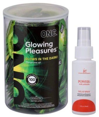 Набор из ONE Glowing Pleasures, 100 шт + Пролонгатор Doc Johnson Power+ с Yohimbe Delay Spray For Men (59 мл) SOS9559 фото