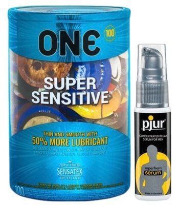 Набор из ONE Super Sensitive 100 шт + Пролонгатор pjur Superhero Serum 20 мл SOS9509 фото