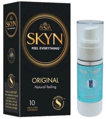 Набор из SKYN Original (10 шт) + жидкий вибратор 5th Paradise Liquid Vibrator - Энергетический напиток (30 мл) SOS9869 фото