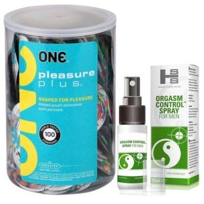 Набор из ONE Pleasure Plus, 100 шт + Пролонгатор SEXUAL HEALTH SERIES ORGASM CONTROL SPRAY, 15 МЛ SOS9109 фото
