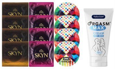 Комплект: Пролонгатор Medica-Group Orgasm Max 50 мл + 8 шт SKYN + 4 шт ONE Extreme Ribs SOS10972 фото