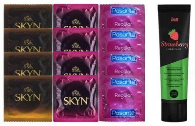 Набір: Смазка Intt Strawberry (100 мл) + 4 шт SKYN Passion дайкири + 4 шт SKYN CHERRY SUNRISE + 4 шт Pasante Regular SOS10369 фото